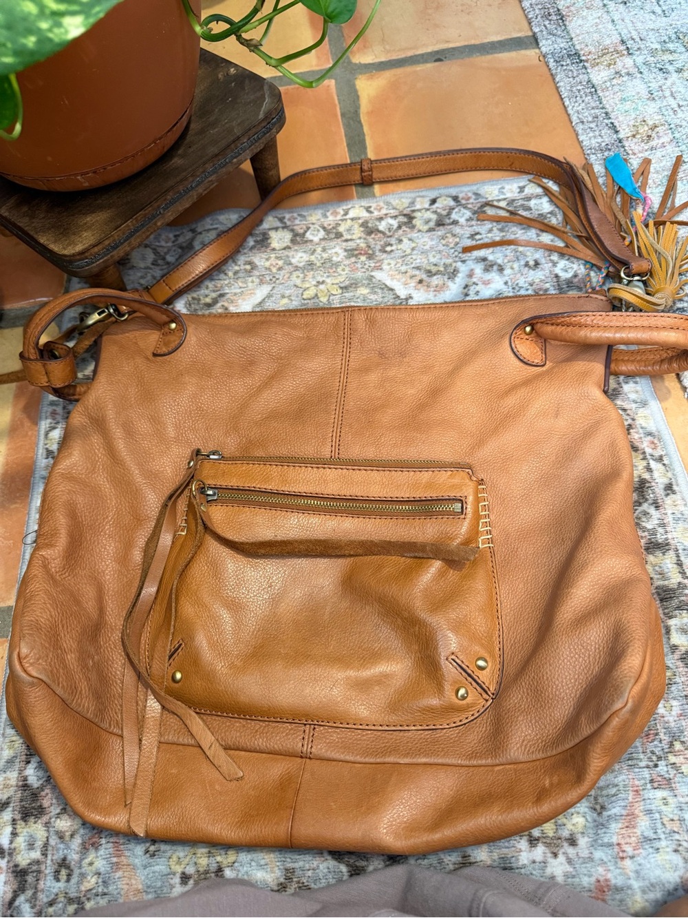 Lucky Brand Brown Leather Boho Shoulder Bag / Hobo Bag with Tassels - Picture 7 of 15